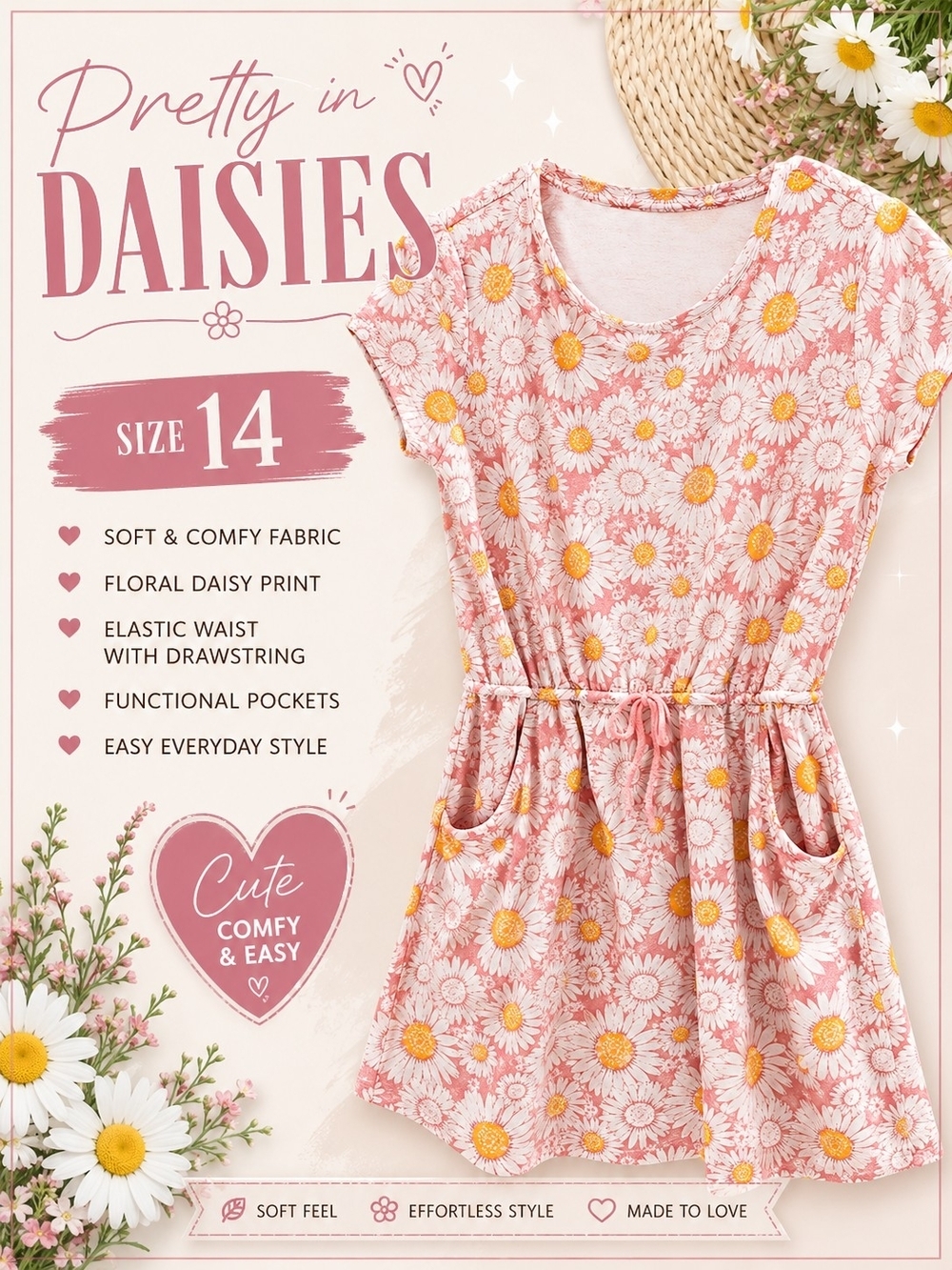 Girls Pink Daisy Print Casual Dress Pockets Size 14